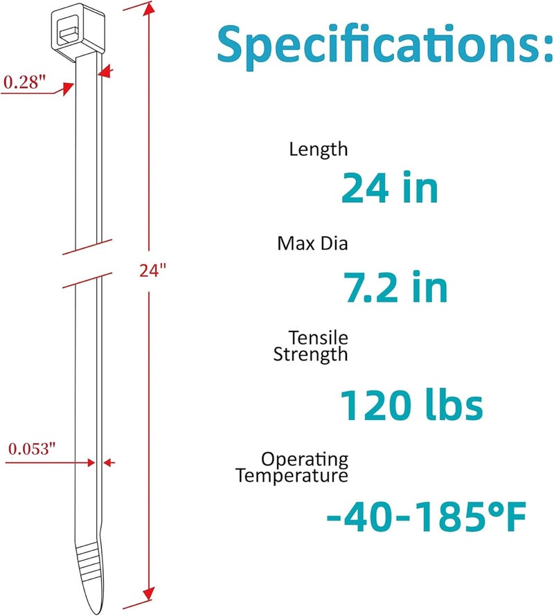WLEAD Large Zip Ties Heavy Duty Outdoor 24 inch (50 Pack), Heavy Duty Zip Ties 120 lbs Tensile Strength Outdoor UV Resistant,Awnings Tying Branches Bundling of Crops Fixed Water Pipes - Image 2